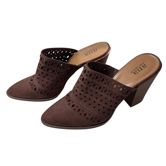 NWOT A.N.A Hilo chocolate laser cut pointed toe dress mules size 9 - Picture 1 of 7